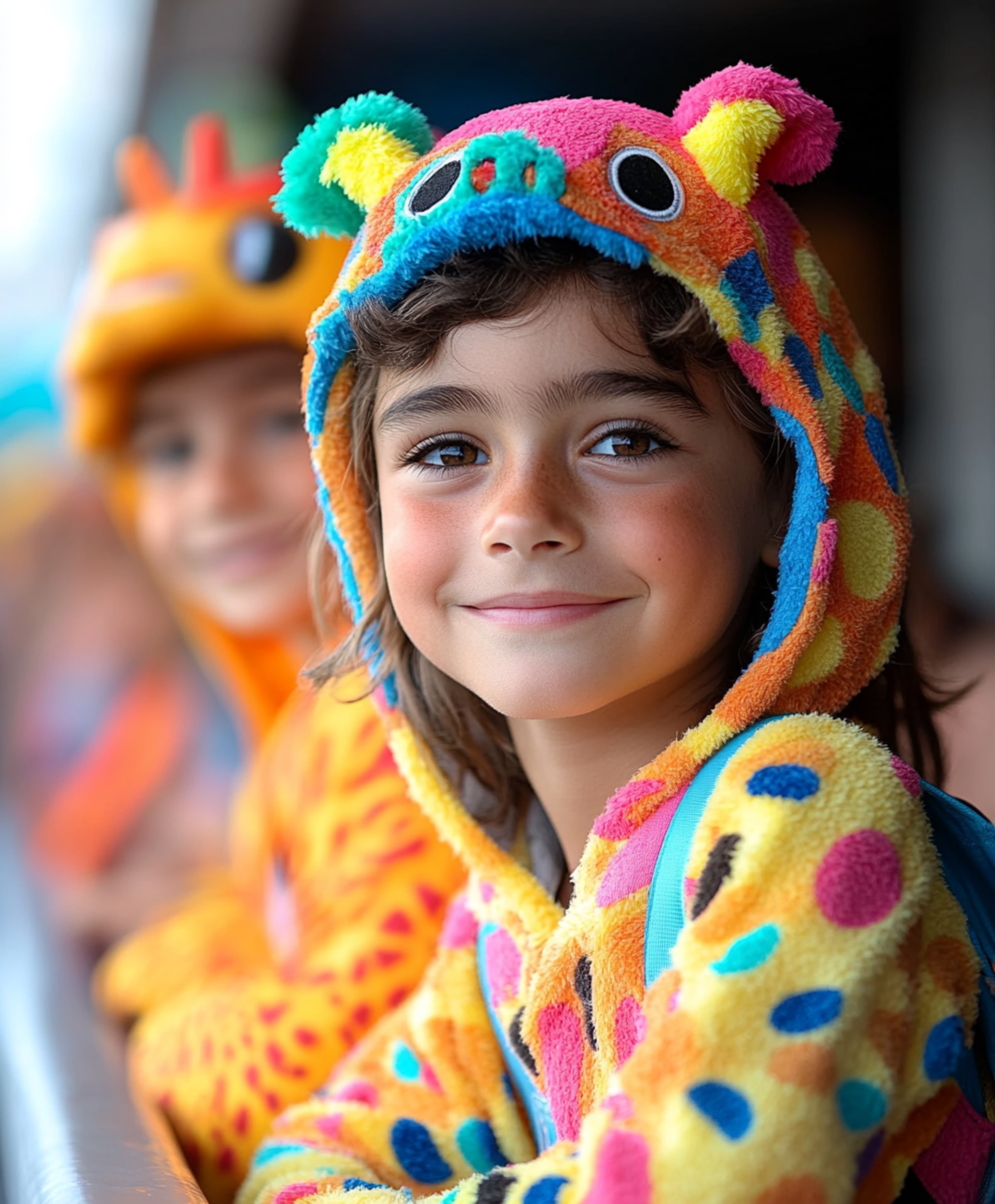 Niña con disfraz colorido en las fiestas temáticas de animación de Hoteles Mediterráneo Peñíscola
